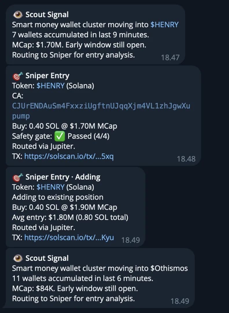 Clawd Agents agent at work — example trade in chat